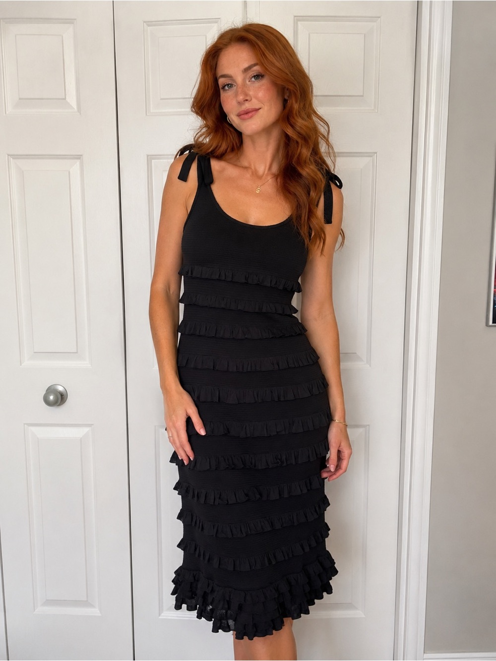 Women’s Black Ruffle-Tier Midi Dress with Tie Straps